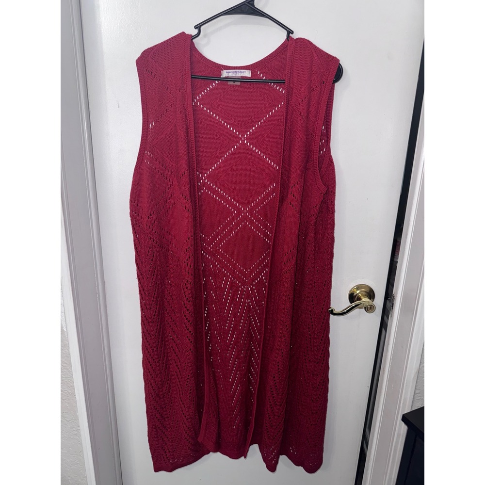 Allison Daley Plus Red Pointelle Knit Longline Open Front Vest Cardigan 1X